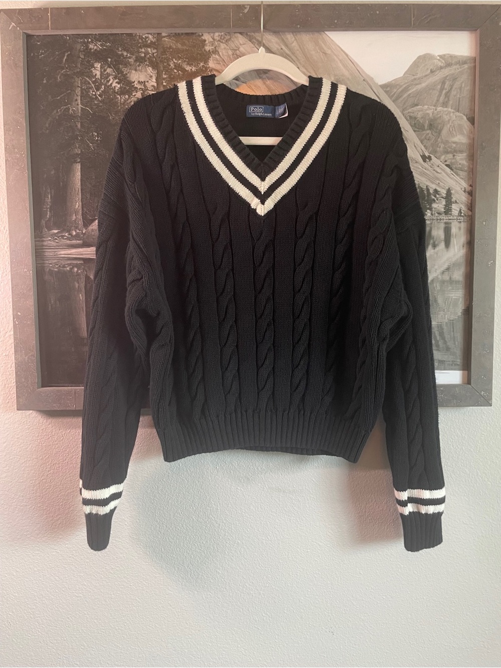 Polo by Ralph Lauren Black Cable-Knit V-Neck Cricket Sweater